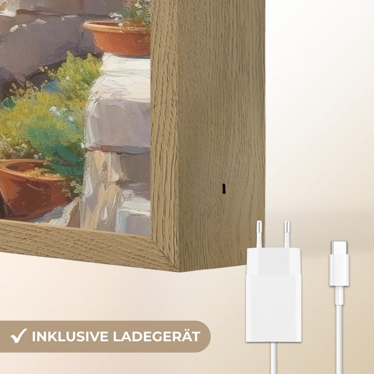 WANDLEUCHTE MIT AKKU Boote - Felsen - Meer - Sonne 40x30 cm - Blau, Holzwerkstoff (40/30/8cm) - OnlyWow
