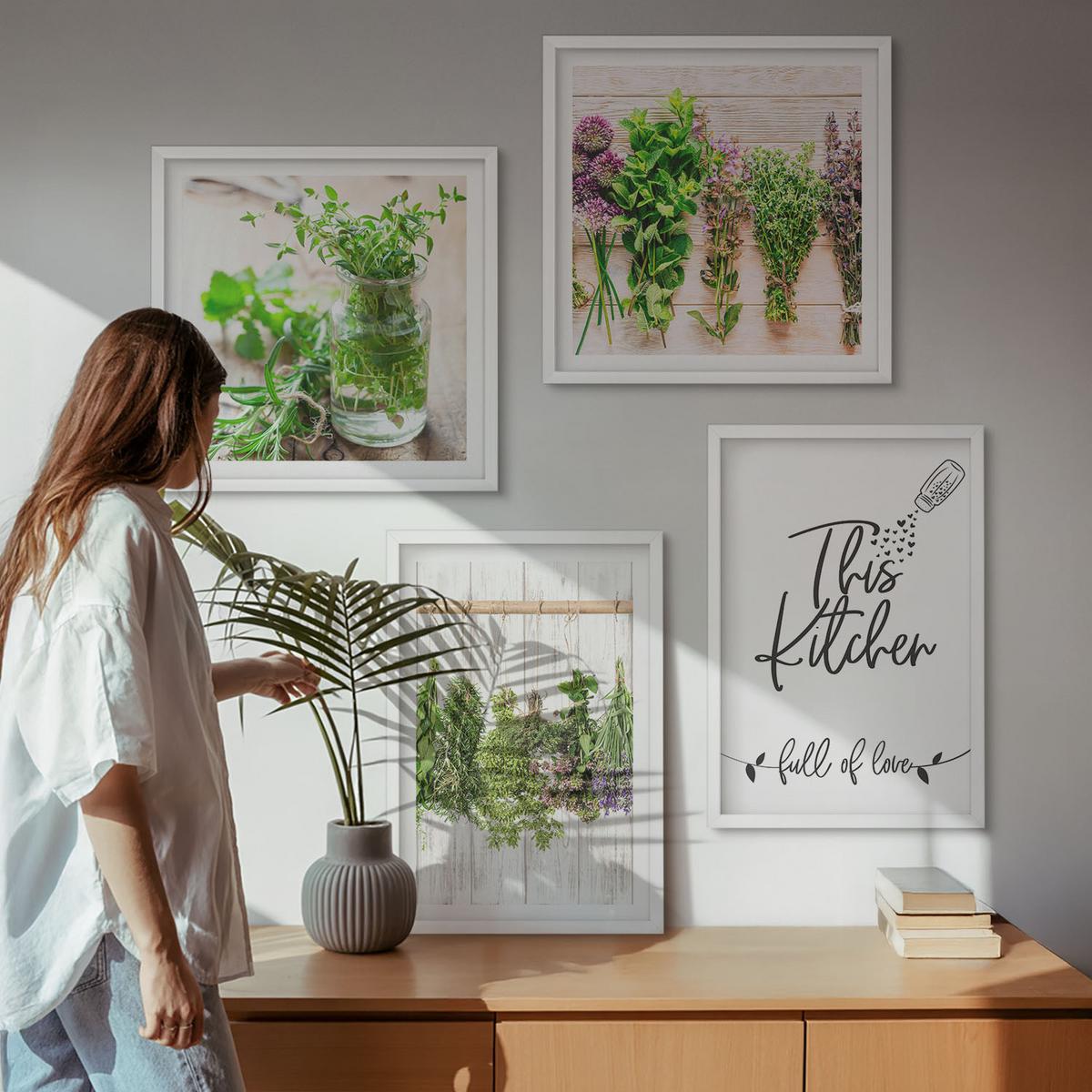 BILDER SET 4er Set - 50x50 cm & 40x60 cm Weißer Rahmen - Kräuterpflanzen zum Trocknen in der Küche - Weiß, Kunststoff (50/50cm) - TULUP