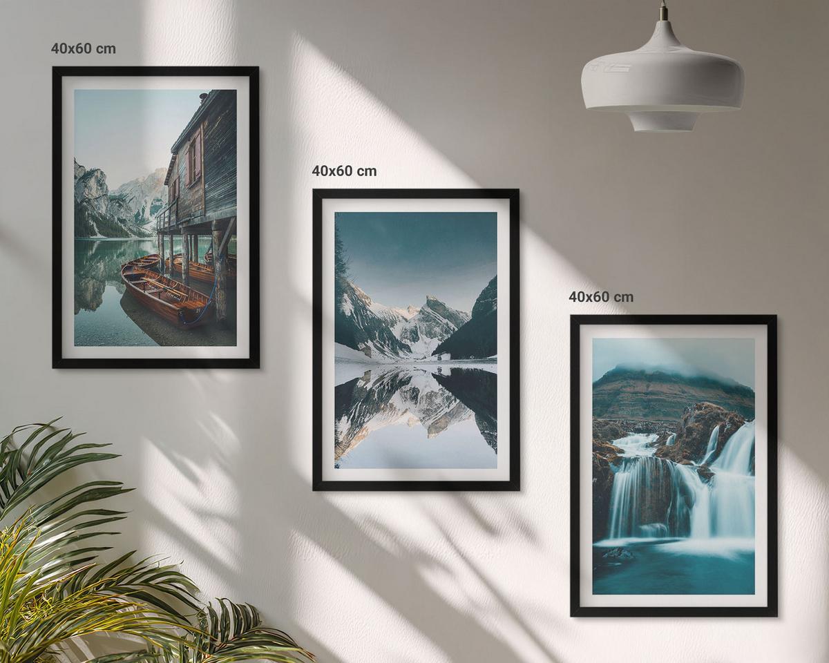 BILDER SET 3er Set - 40x60 cm Schwarzer Rahmen - Berglandschaften Wasserfall See - Schwarz, Kunststoff (40/60cm) - TULUP