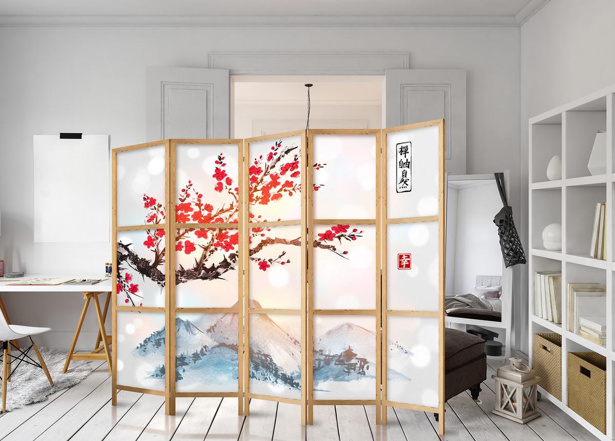 PARAVENT Japanischer 5-tlg 225x172 cm Sakura Berg Fuji - Multicolor, Holz/Textil (225/172/3cm) - Muralo