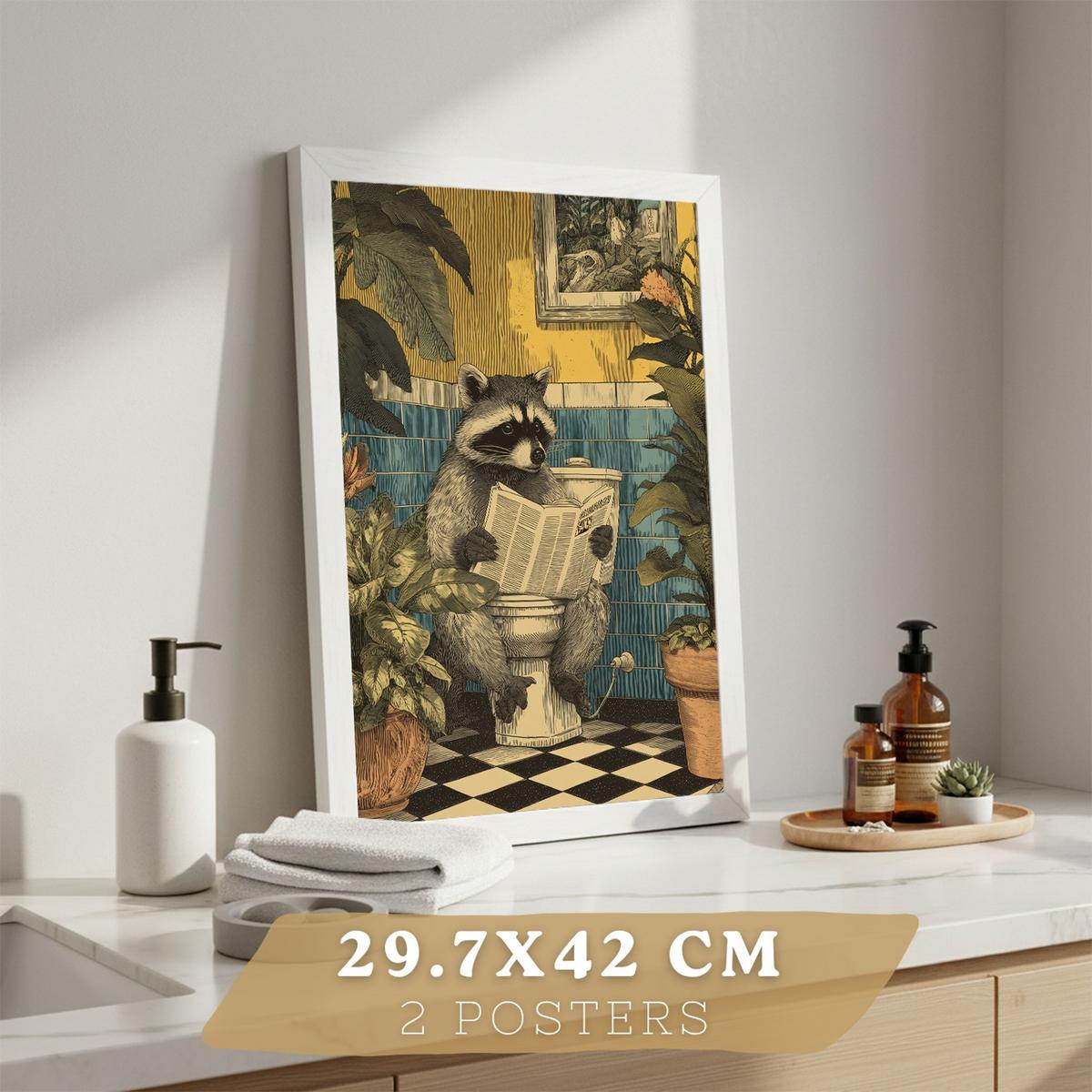 POSTER 2er-Set lustige Badezimmer-Kunstdrucke, Bilder mit lustigen Tieren auf der Toilette, witzige , Badezimmerdekoration, Dusche Rahmenlos A3 - Klar, Papier (42/29.7/3cm) - Nacnic