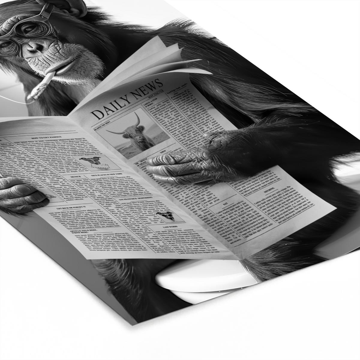 POSTER MIT RAHMENGERAHMTES BILD Affe - WC - Zeitung - Schwarz-Weiß - Humor 60x90 cm - Hellgrau, Papier (60/90cm) - MuchoWow
