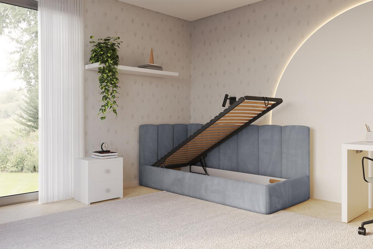 EINZELLBETT Jugendbett mit Bettkasten, Rechts - DEXY 90x200 Grau - Blaugrau, Holzwerkstoff/Textil (90/200cm) - ALTDECOR