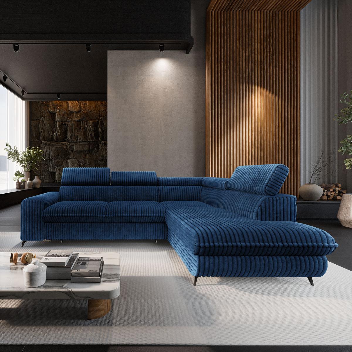 ECKSOFA VELISS Blau Kordstoff mit Schlaffunktion - Blau, Holz (255/193cm) - MASSENO