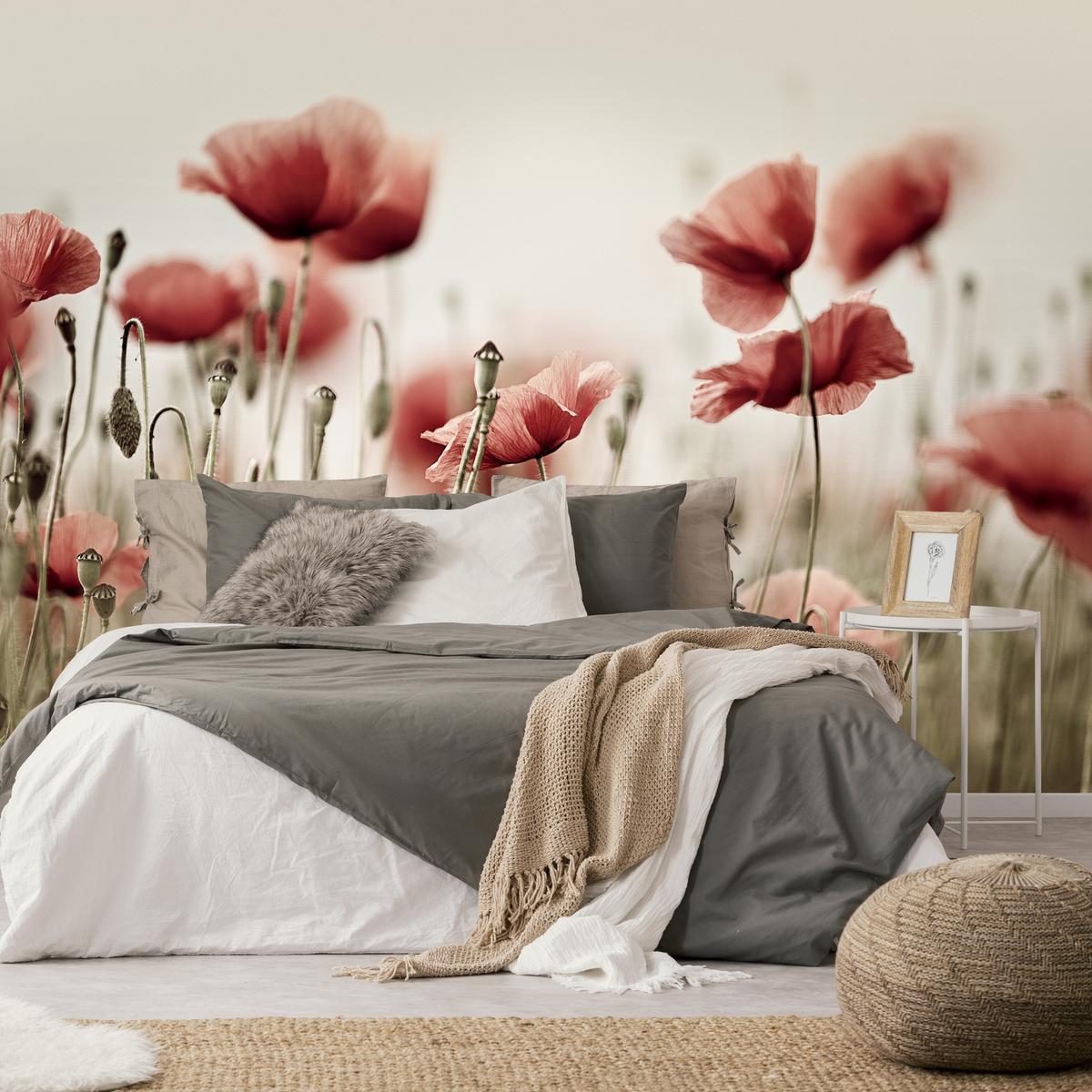 FOTOTAPETE für Wohnzimmer Zarte Mohn Blumen Wiese Rot 100x70 - Beige/Rot, Papier (100/70cm) - Muralo