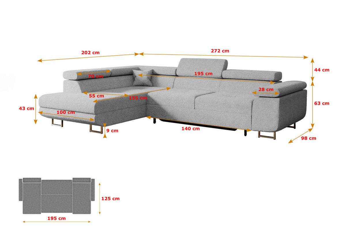 ECKSOFA mit Schlaffunktion und Bettkasten GUSA-L 272x202x107 cm Grau Bouclé - Silberfarben/Hellgrau, Holzwerkstoff/Textil (202/272cm) - ALTDECOR