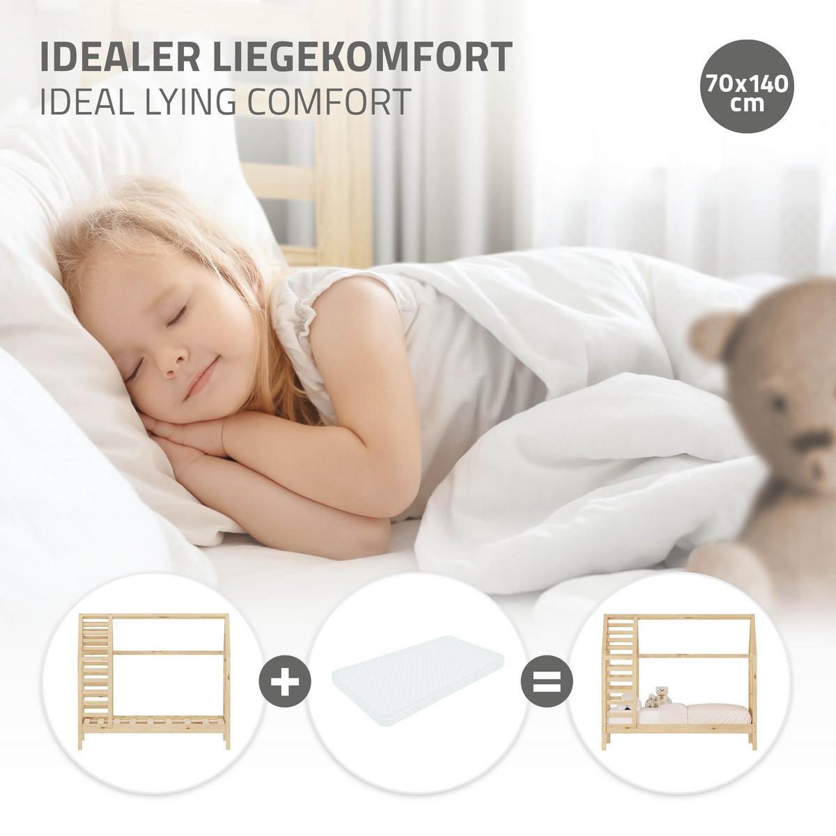 KINDERBETT 70x140 cm mit Lattenrost Dach und Fenster Hausbett aus massivem Kiefernholz Natur - Naturfarben, Holz (70/140cm) - ML-DESIGN