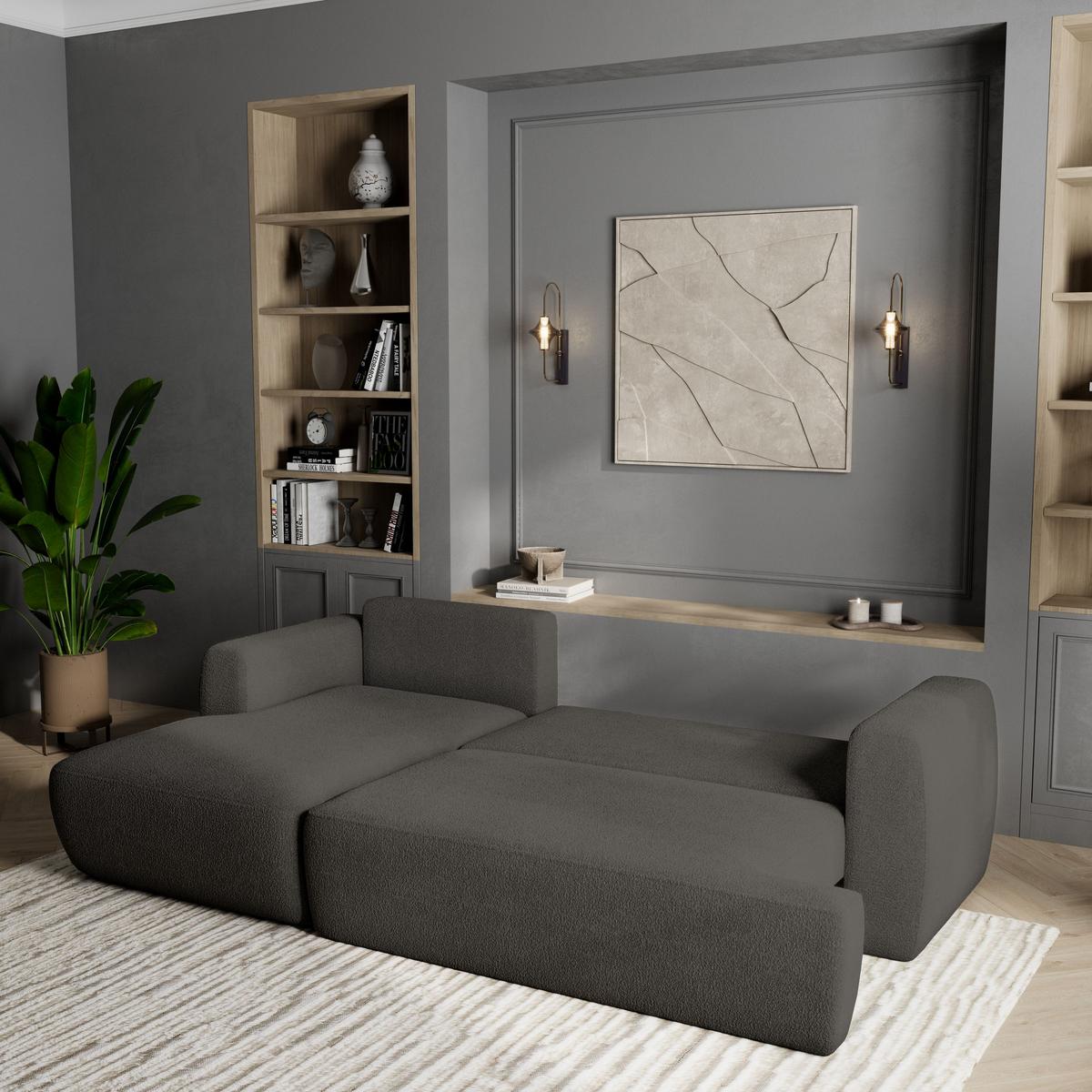 ECKSOFA SENTI N L-S Grau Boucle-Stoff mit Schlaffunktion - Schwarz/Grau, Holz/Kunststoff (246/148cm) - MASSENO