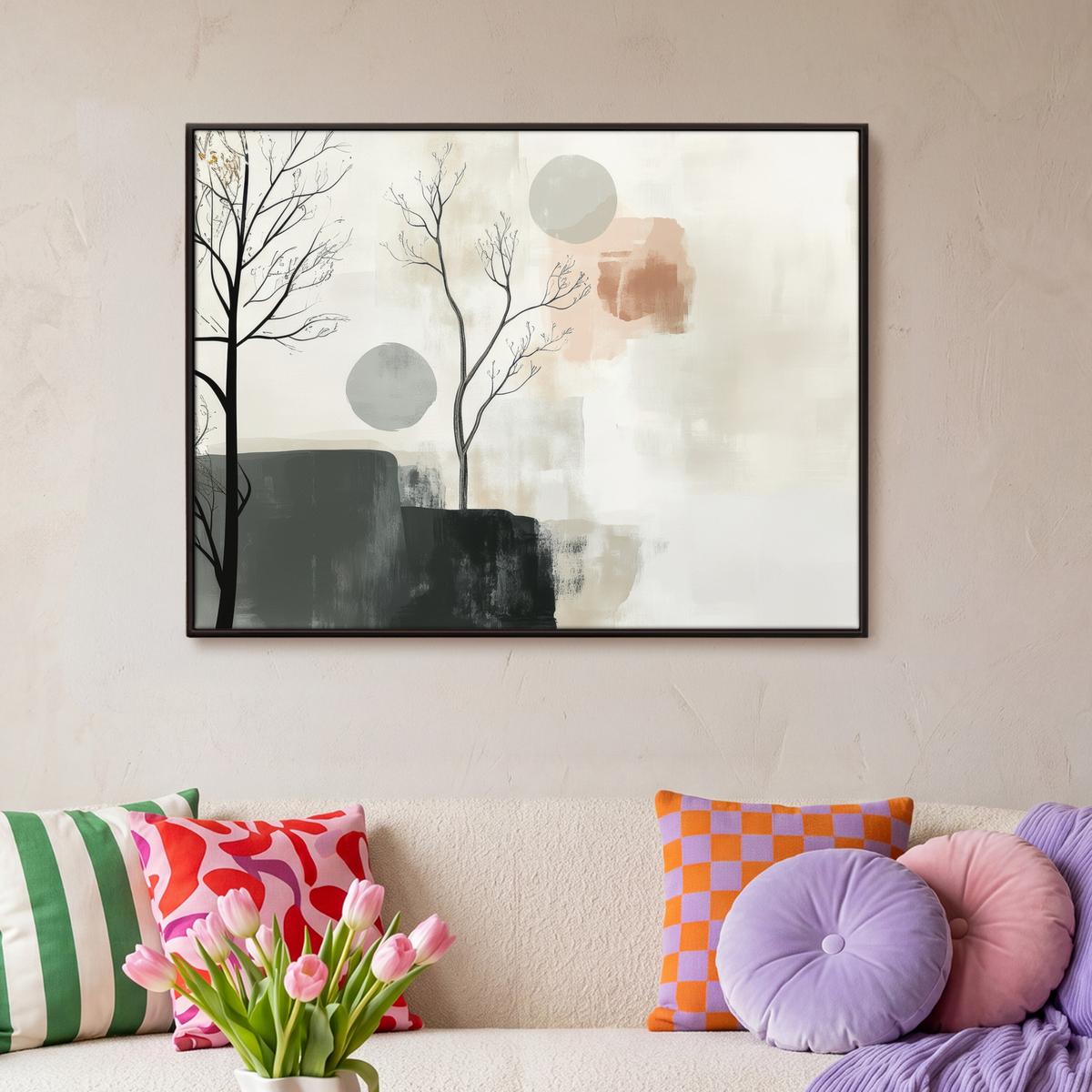 LEINWAND Bilder mit Rahmen - Wabi sabi - Beige - Pflanze - 100x70 - Sandfarben, Textil (100/70cm) - MuchoWow