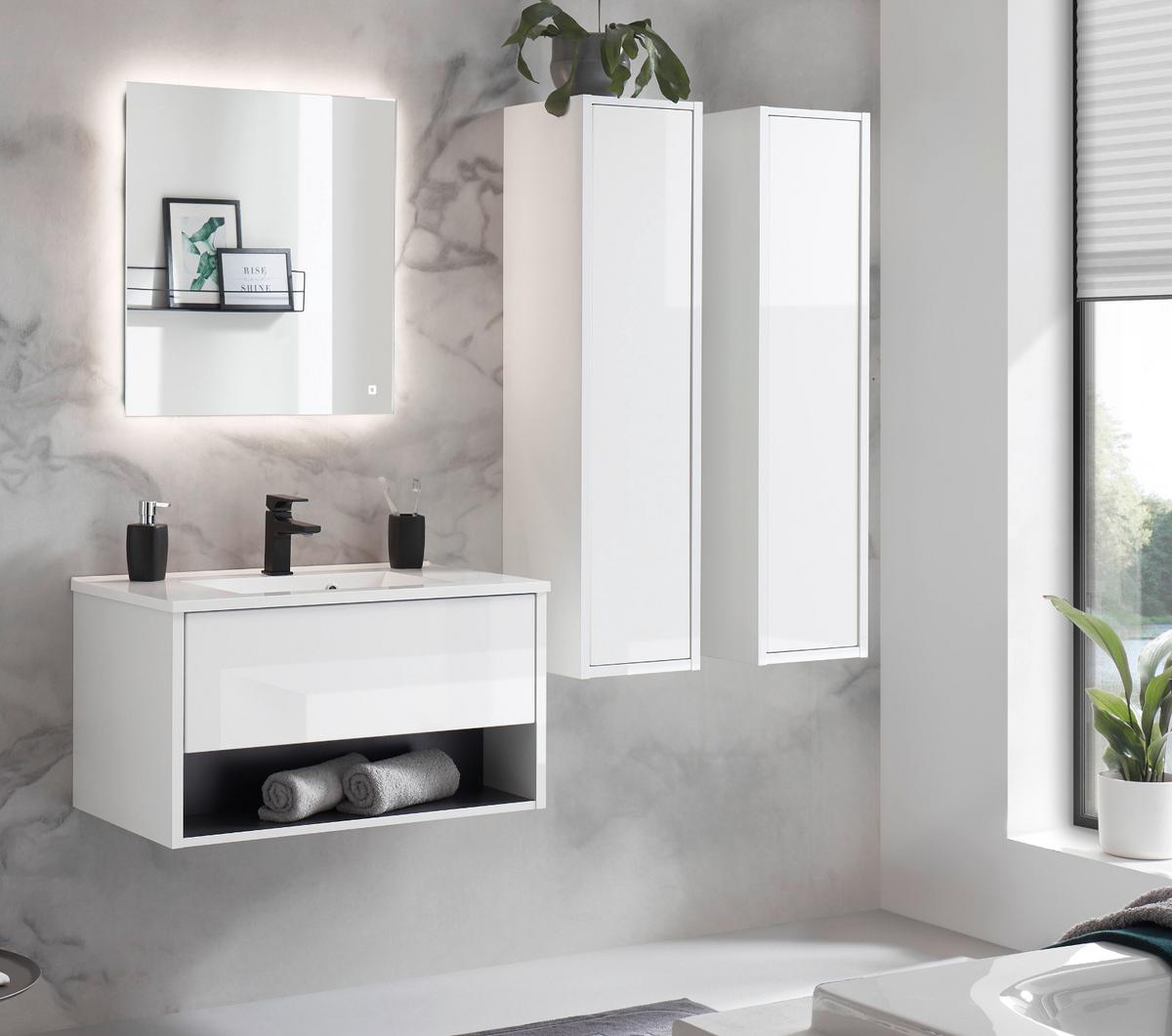 BADMÖBEL Set in weiß Hochglanz und grau mit Waschbecken und LED Beleuchtung 160 x 190 cm Glide - Weiß Hochglanz/Grau, Glas/Holzwerkstoff (160/190/47cm) - Furn.Design