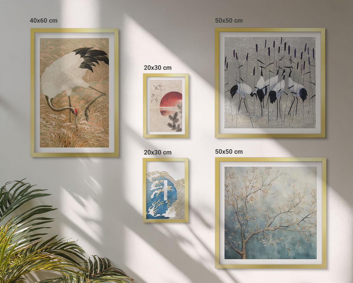 BILDER SET 5er Set - 50x50 cm & 20x30 cm & 40x60 cm Goldrahmen - Japanische Kraniche Landschaft - Goldfarben, Kunststoff (40/60cm) - TULUP