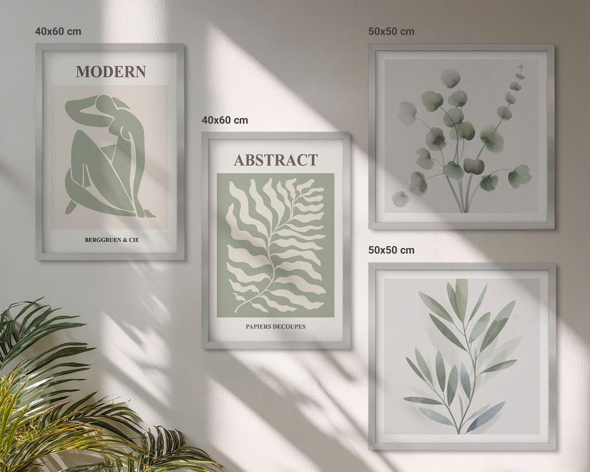 BILDER SET 4er Set - 50x50 cm & 40x60 cm Silberner Rahmen - Matisse entwirft Boho-Pflanzen - Silberfarben, Kunststoff (50/50cm) - TULUP