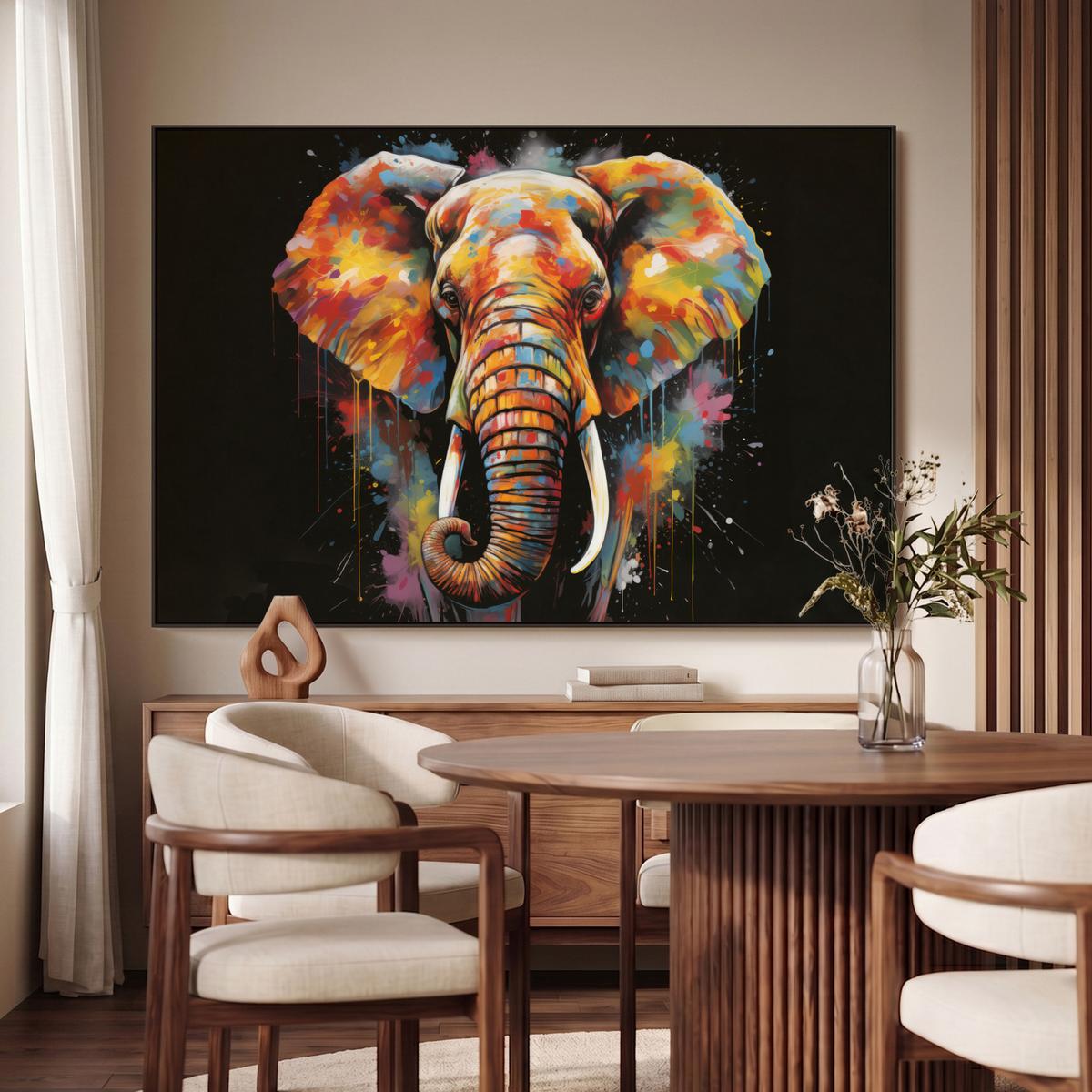 LEINWAND Bilder mit Rahmen - Elefant - Graffiti - Schwarz - Tiere - Farben - 120x80 - Schwarz, Textil (120/80cm) - MuchoWow