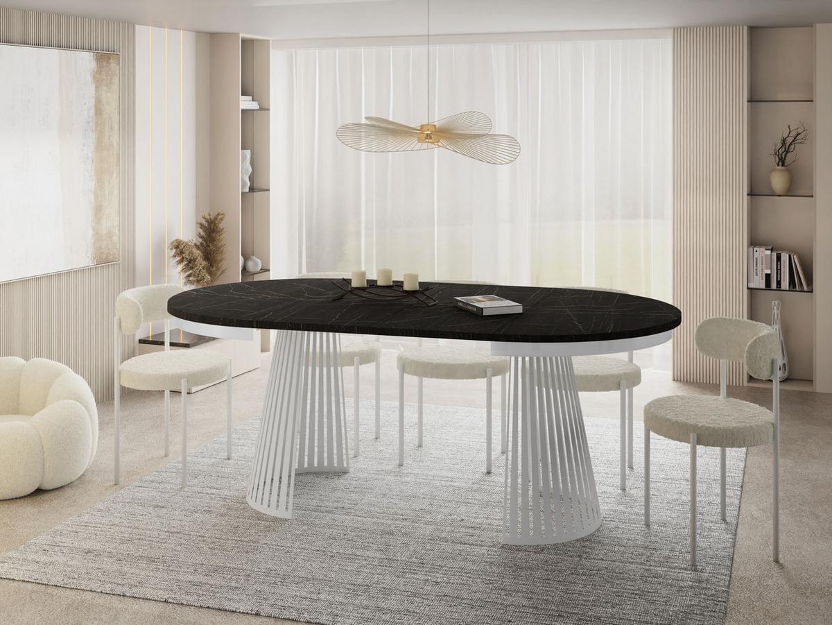 ESSTISCH Naro rund ausziehbar mit Weißem Lamellen-Metallgestell, Marmor Schwarz 120-200/120/76 cm - Anthrazit/Weiß, Holzwerkstoff/Metall (120/196/76cm) - WFL GROUP