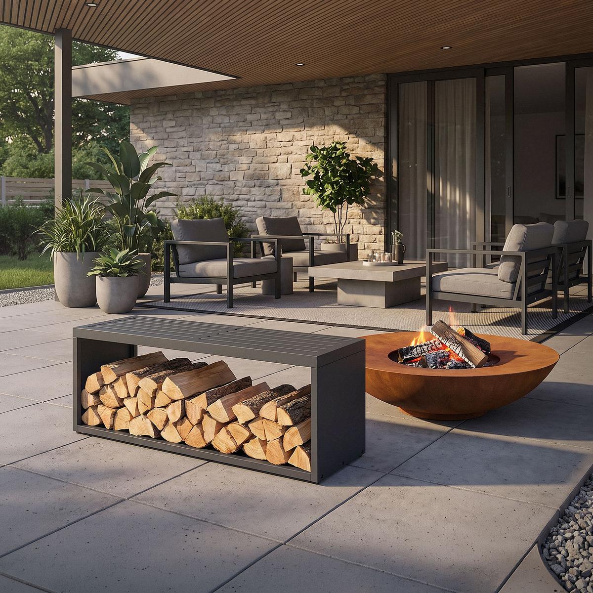 KAMINHOLZREGAL Innen/Aussen mit Sitzbank Metall Brennholzregal Anthrazit 120x38x43 cm Stahl Verzinkt Schlicht - Anthrazit, Metall (120/43/38cm) - ML-DESIGN