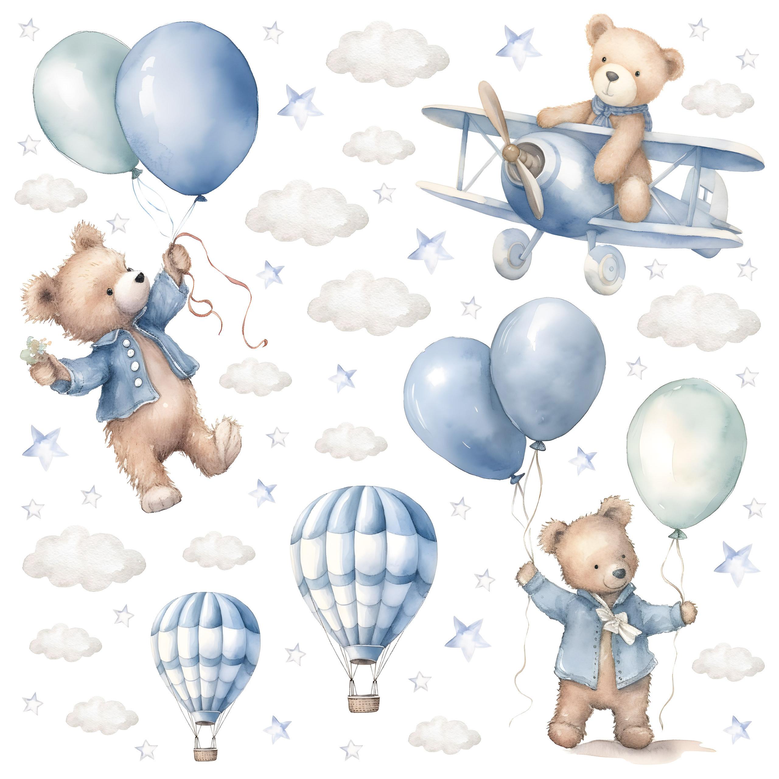 WANDSTICKER Bären Ballons 60x30 - Blau/Beige, Papier (60/30/30cm) - Muralo