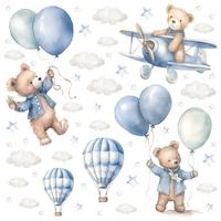 WANDSTICKER Bären Ballons 60x30 - Blau/Beige, Papier (60/30/30cm) - Muralo