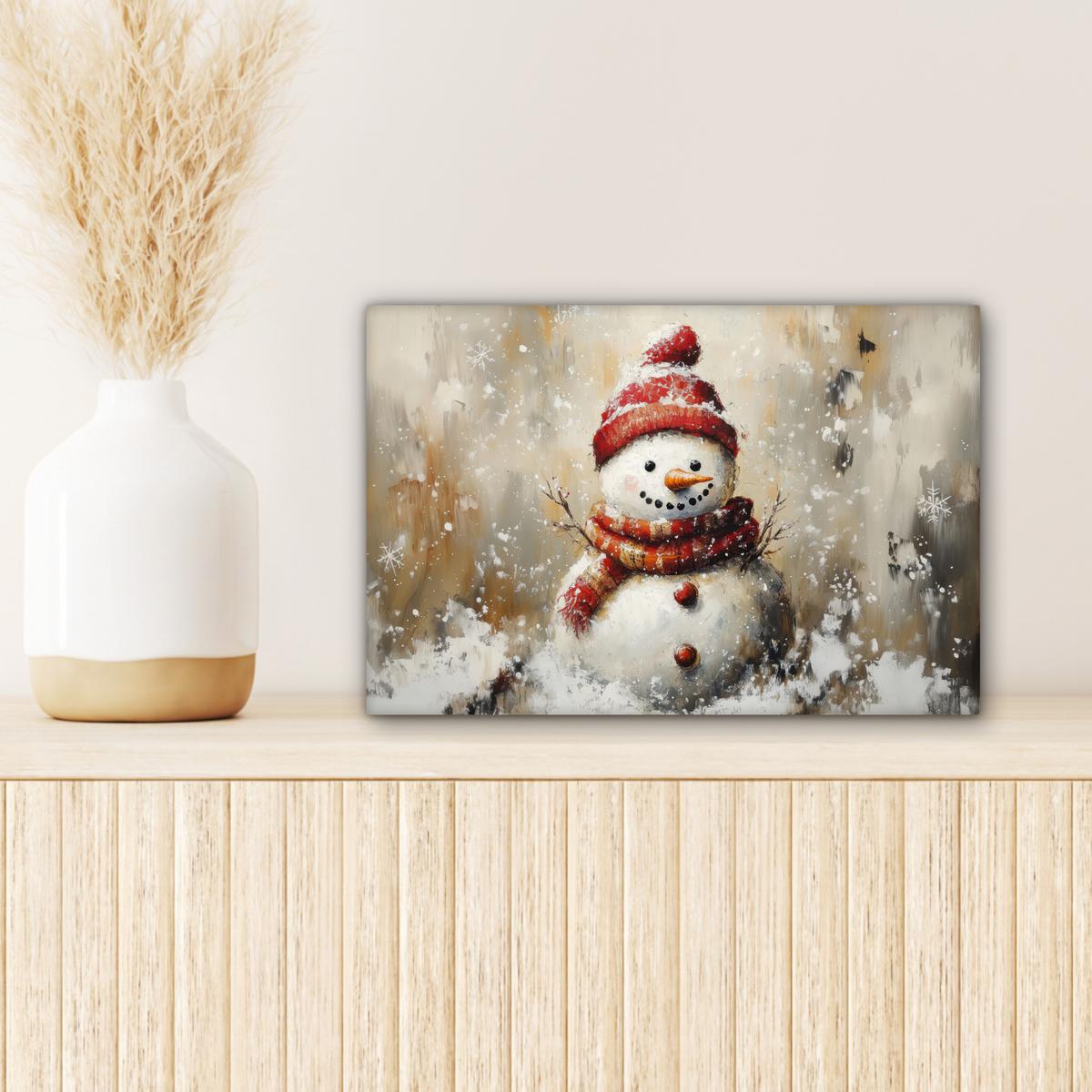 LEINWANDBILD Schneemann - Winter - Schnee - Beige Deko Schlafzimmer 30x20 cm - Weiß, Textil (30/20cm) - MuchoWow