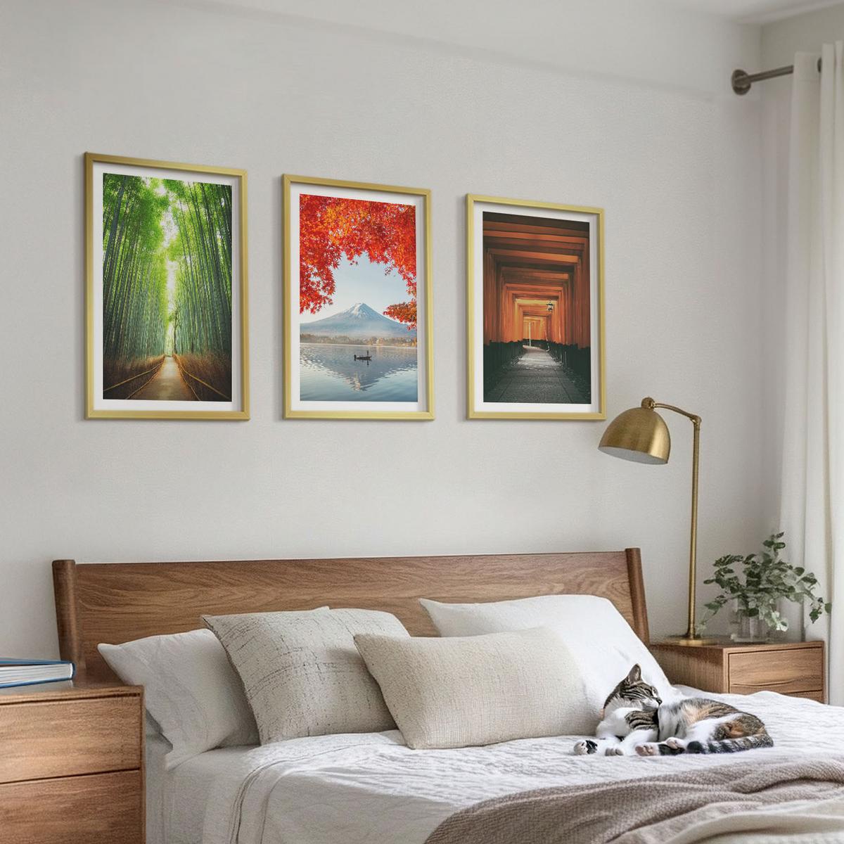 BILDER SET 3er Set - 40x60 cm Goldrahmen - Fuji-Bambuswaldlandschaft - Goldfarben, Kunststoff (40/60cm) - TULUP