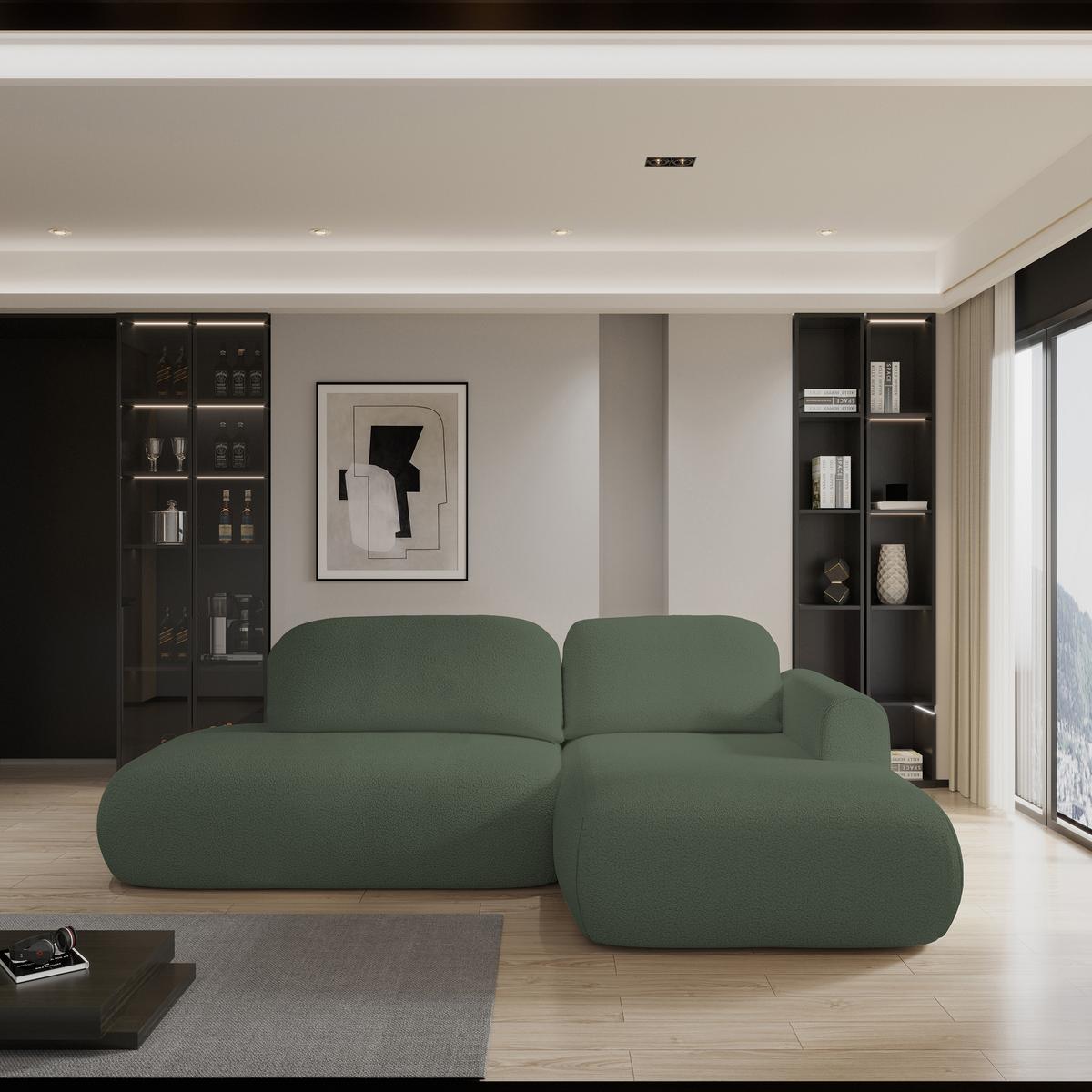 ECKSOFA NUVIRA R-S Grün Boucle-Stoff mit Schlaffunktion - Grün, Holz (279/158cm) - MASSENO