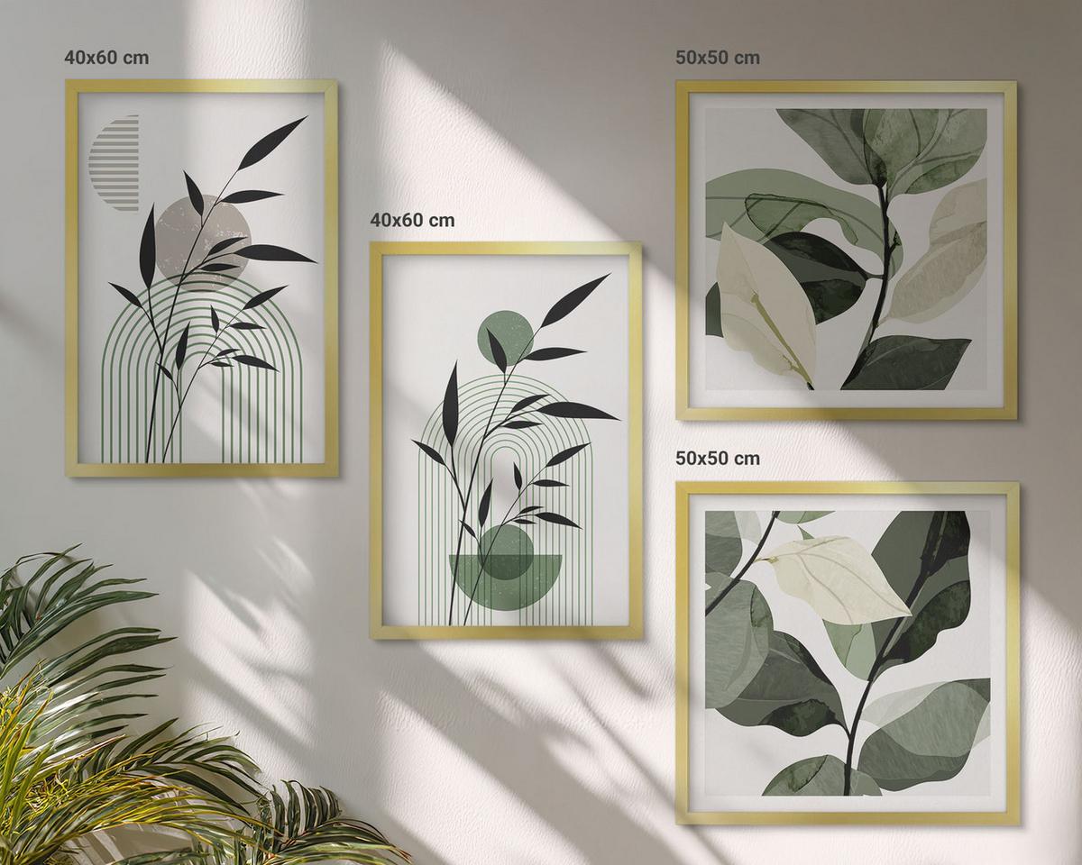 BILDER SET 4er Set - 50x50 cm & 40x60 cm Goldrahmen - Boho-Pflanzenkompositionen - Goldfarben, Kunststoff (50/50cm) - TULUP