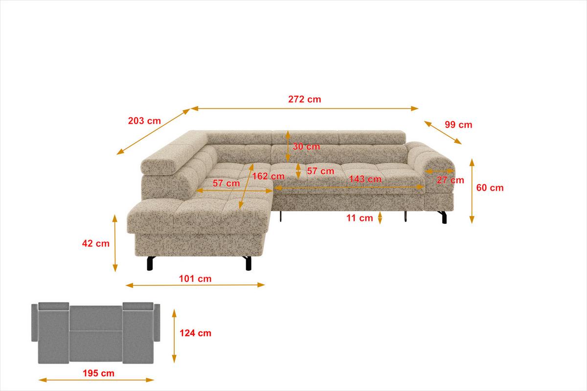 ECKSOFA mit Schlaffunktion Ottomane Links LUMA-L 272x203x70 Braun Velours - Schwarz/Braun, Holzwerkstoff/Kunststoff (272/203cm) - ALTDECOR