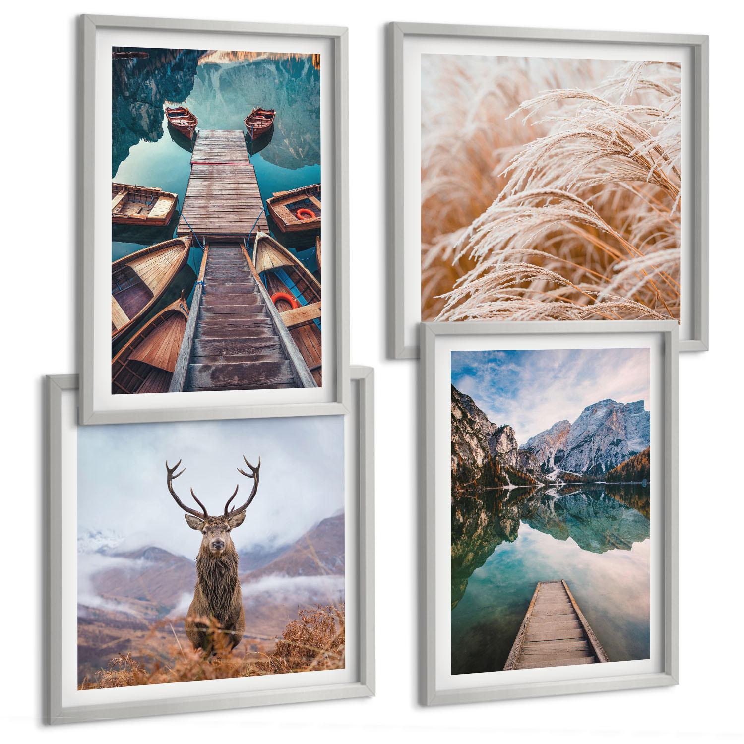 BILDER SET 4er Set - 50x50 cm & 40x60 cm Silberner Rahmen - Seeboote Hirsche Berge - Silberfarben, Kunststoff (50/50cm) - TULUP