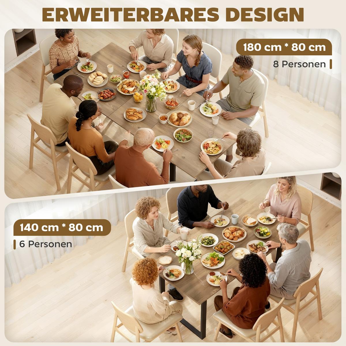 AUSZIEHBARER-ESSTISCH MDF Stahl Naturholz - Schwarz/Naturfarben, Holzwerkstoff/Metall (180/80/75cm) - HOMCOM