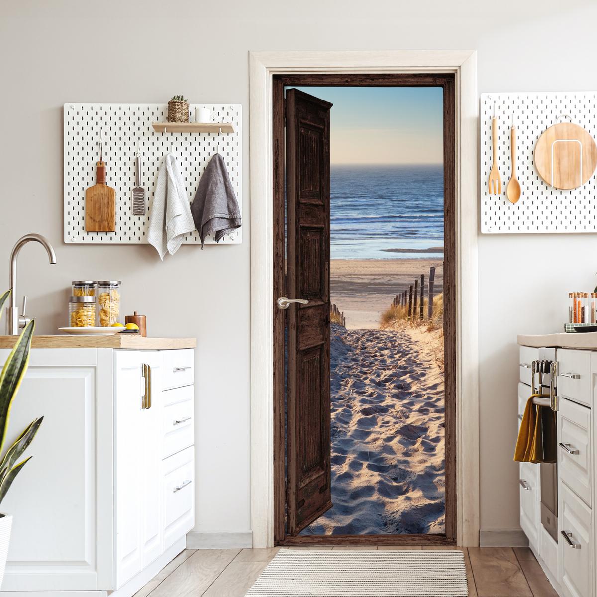 TÜRAUFKLEBER Durchblick - Strand - Meer - Weg - Dünen Fototapete 75x205 cm - Türtapete - Sandfarben, Kunststoff (75/0.1cm) - MuchoWow
