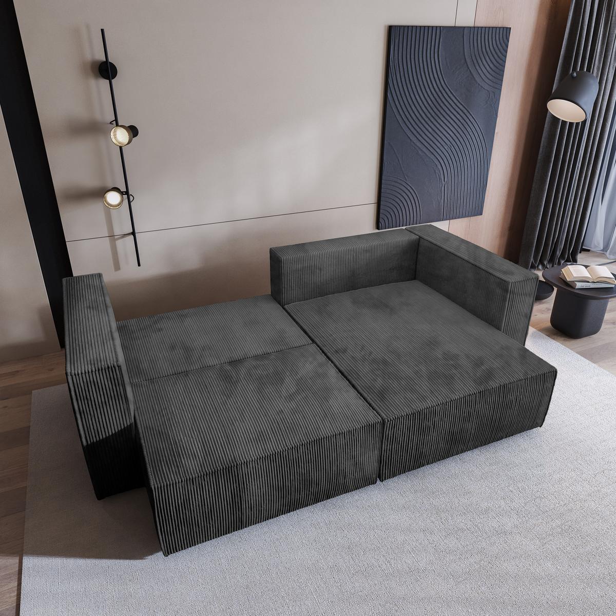 ECKSOFA NERIO P Graphitfarben Kordstoff mit Schlaffunktion - Graphitfarben/Grau, Holz/Kunststoff (245/148cm) - MASSENO