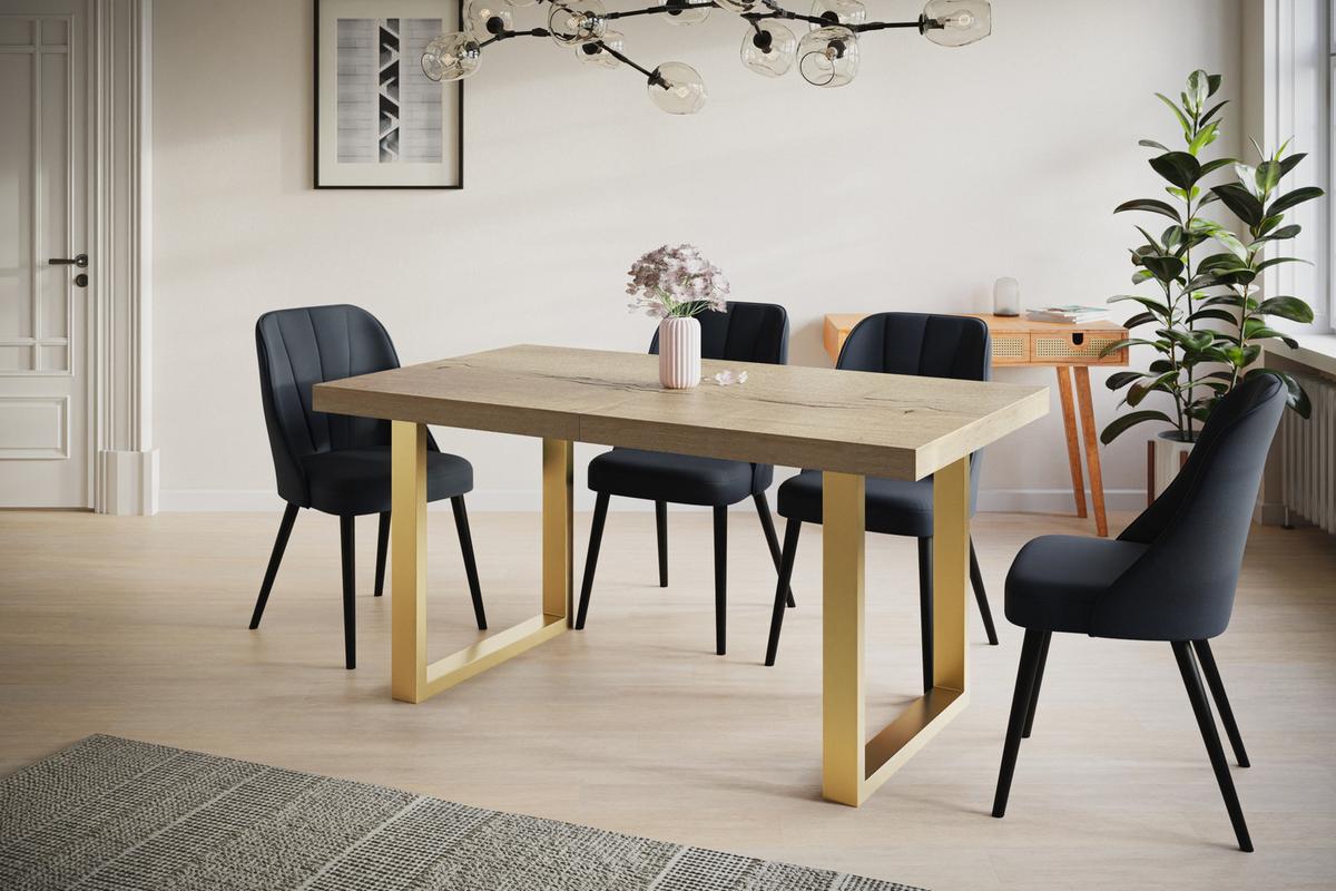 INDUSTRIELLER Esszimmertisch LOFT-U, ausziehbarer Tisch, Größe: 160-260X90X77 cm, Wohnzimmertisch Farbe: HALIFAX, mit Metallbeinen in Farbe Gold - Goldfarben/Naturfarben, Holzwerkstoff (160/90/77cm) - Alpi-Möbel