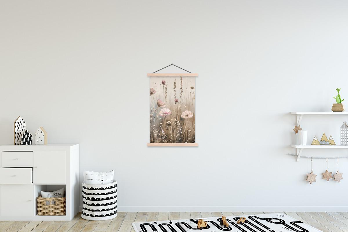 POSTER MIT MAGNETLEISTEN Blumen - Rosa - Modern - Beige Wandbild Schlafzimmer 60x90 cm - Beige, Textil (60/90/0.15cm) - MuchoWow