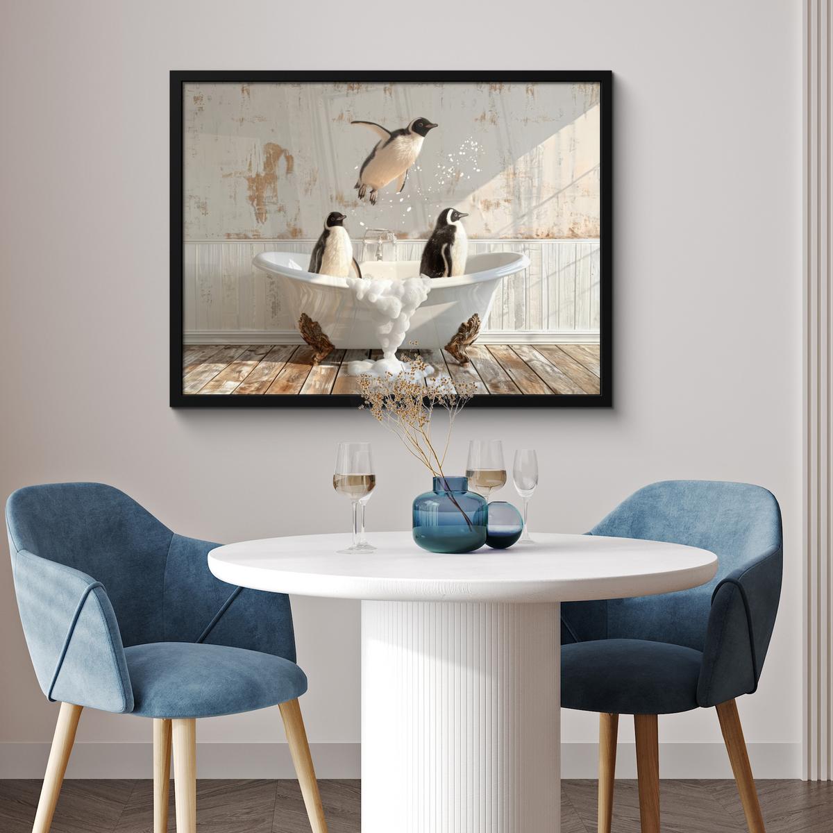 POSTER MIT RAHMENGERAHMTES BILD Vintage - Pinguin - Badewanne - Schaumstoff 80x60 cm - Schwarz, Papier (80/60cm) - MuchoWow