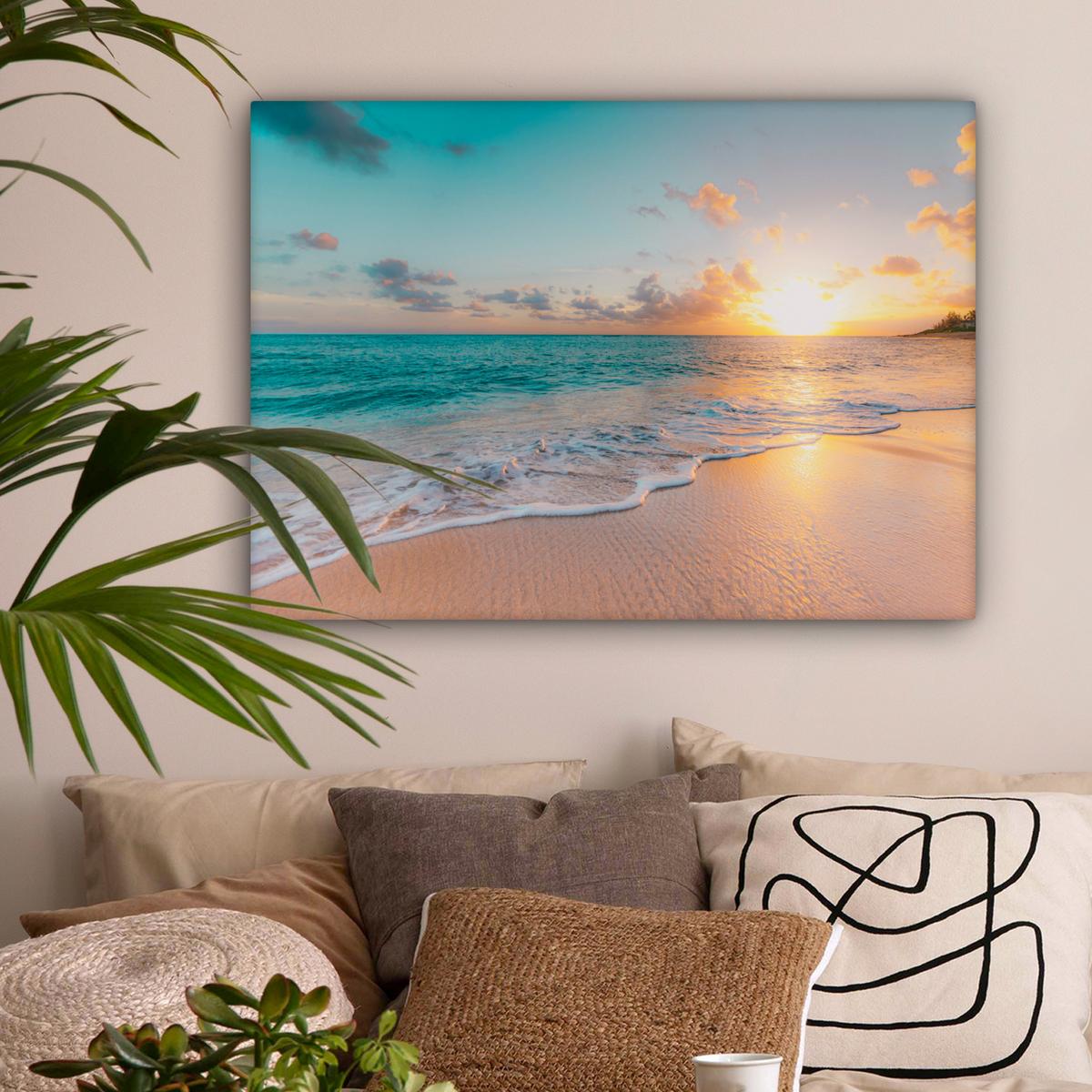 LEINWANDBILD Sonnenuntergang - Strand - Meer - Sommer - Blau Wandbilder 80x60 cm - Multicolor, Textil (80/60cm) - MuchoWow