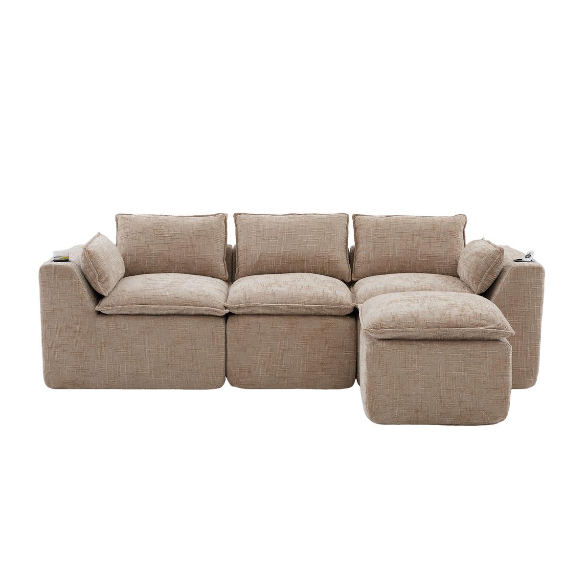 3-SITZER-SOFA aus chenille, mit fußhocker und getränkehalter - Sandfarben, Textil (256/75/161cm) - Urban Meuble
