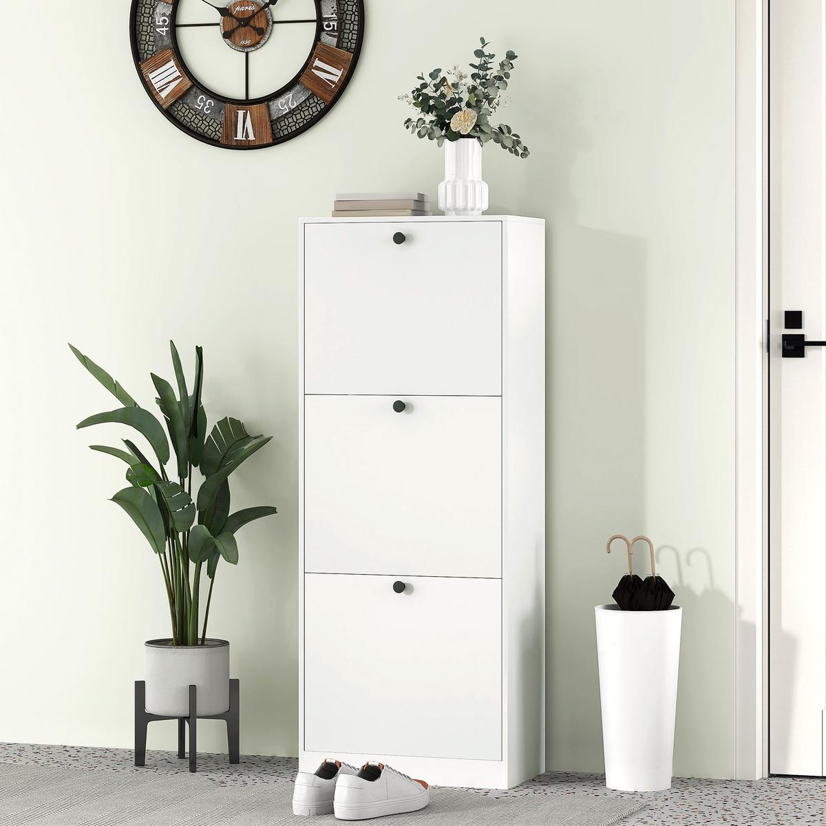 SCHUHSCHRANK mit 3 Klappen, 47 x 26 x 120 cm, Weiß - Weiß, Holzwerkstoff (26/120/47cm) - HOMCOM