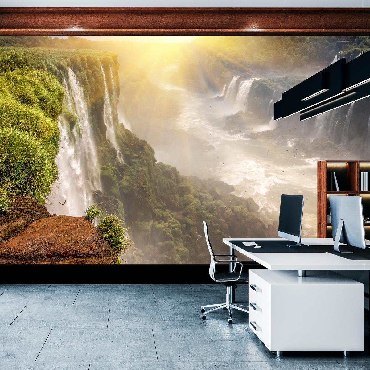 FOTOTAPETE für Wohnzimmer Wasserfall Sonnenaufgang Pflanzen 400x280 - Gelb/Beige, Papier (400/280cm) - Muralo