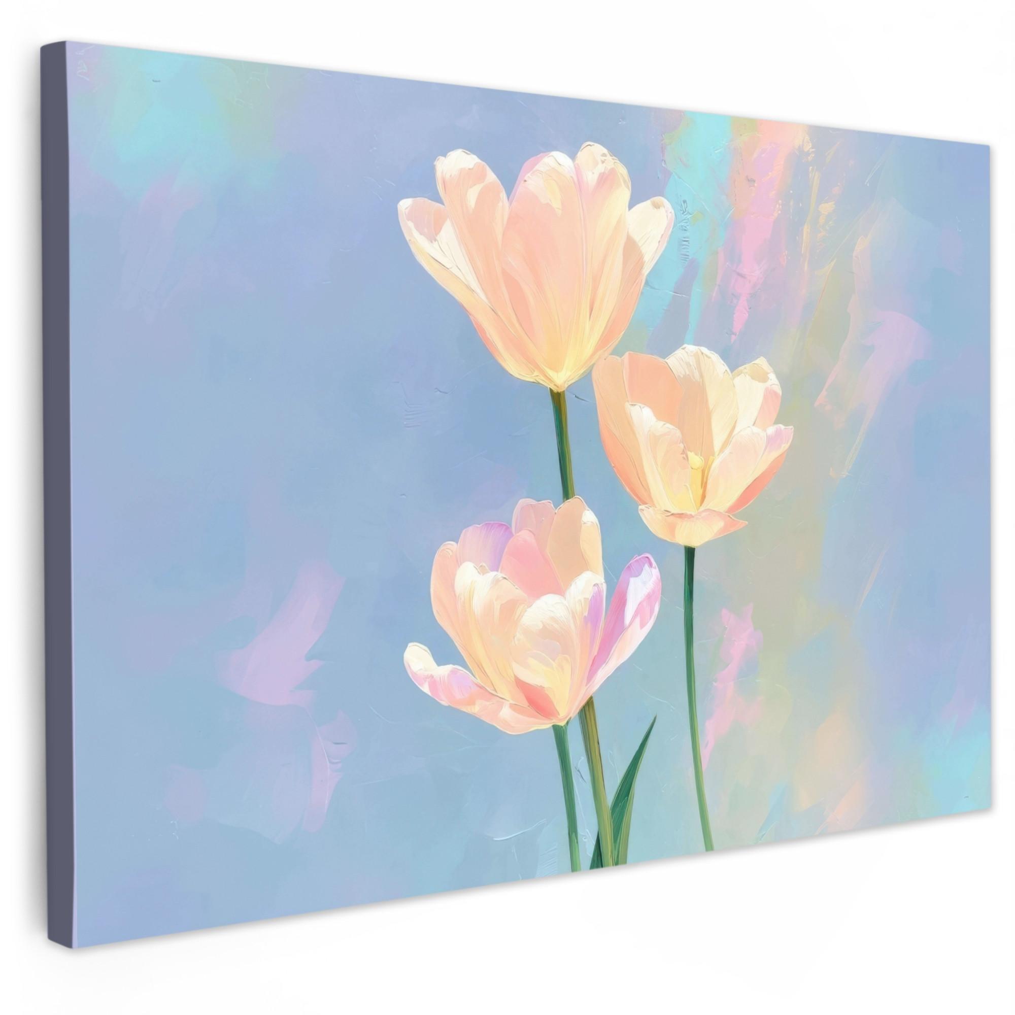 LEINWANDBILD Tulpen - Rosa Akzente - Blau XXL 150x100 cm - Pastellblau, Textil (150/100cm) - MuchoWow