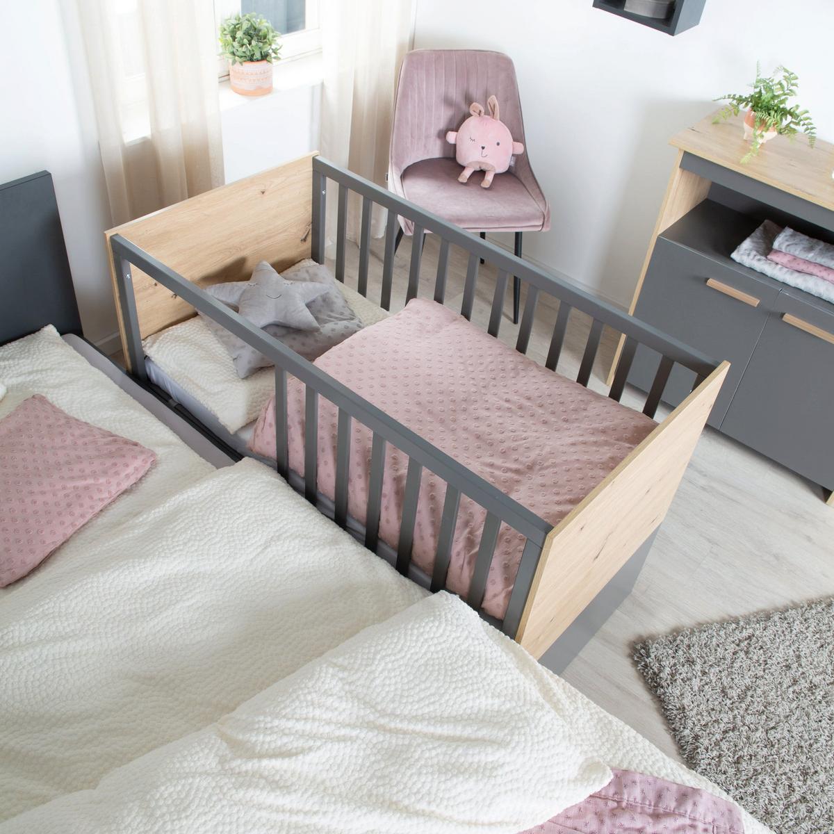 2-IN-1 BABY- & BEISTELLBETT Anna 60 x 120 cm - Anthrazit/Sonoma Eiche, Holz/Holzwerkstoff (60/120cm) - Roba