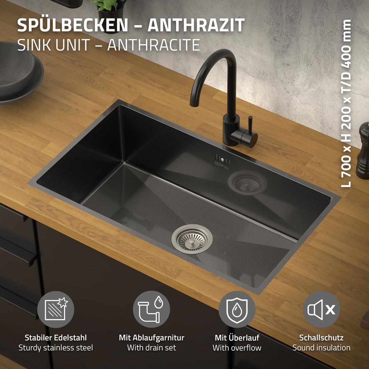 SPÜLBECKEN aus Edelstahl 70x40 cm Anthrazit mit Siphon - Anthrazit, Metall (70/20/40cm) - ML-DESIGN