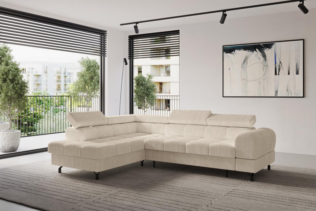ECKSOFA mit Schlaffunktion Ottomane Links LUMA-L 272x203x70 Beige Cord - Beige/Schwarz, Holzwerkstoff/Kunststoff (272/203cm) - ALTDECOR