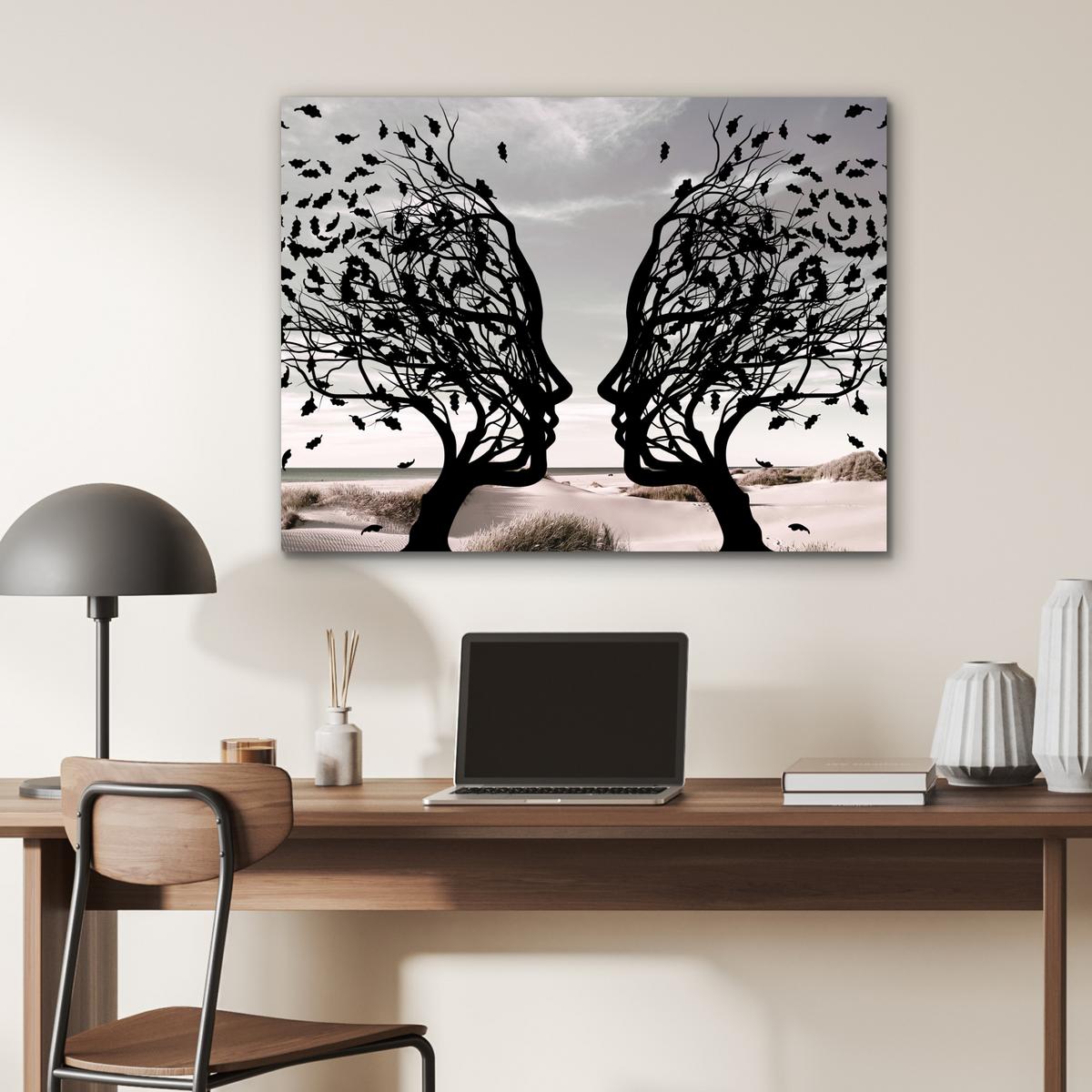 METALLBILD Strand - Meer - Menschen - Baum - Moderne Kunst 80x60 cm - Hellgrau, Metall (80/60cm) - MuchoWow