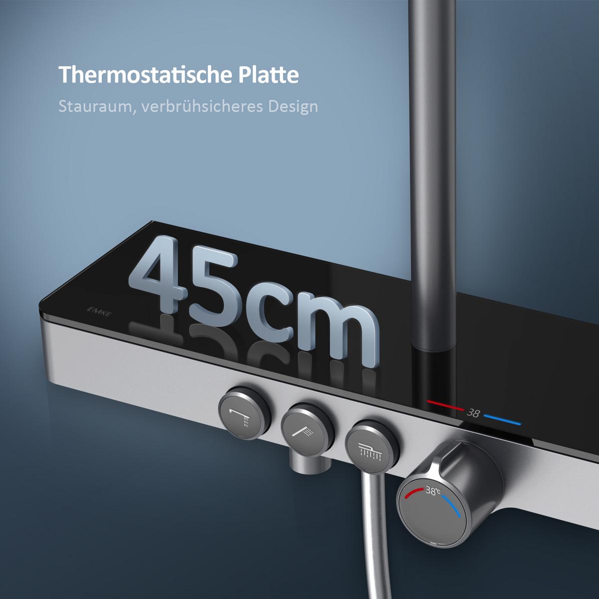 ÜBERKOPFBRAUSESET mit Drei Wasserauslassmethoden Thermostat mit Ablage Anthrazit 114,6/45/48 cm - Anthrazit, Metall (44.5/127/45cm) - EMKE