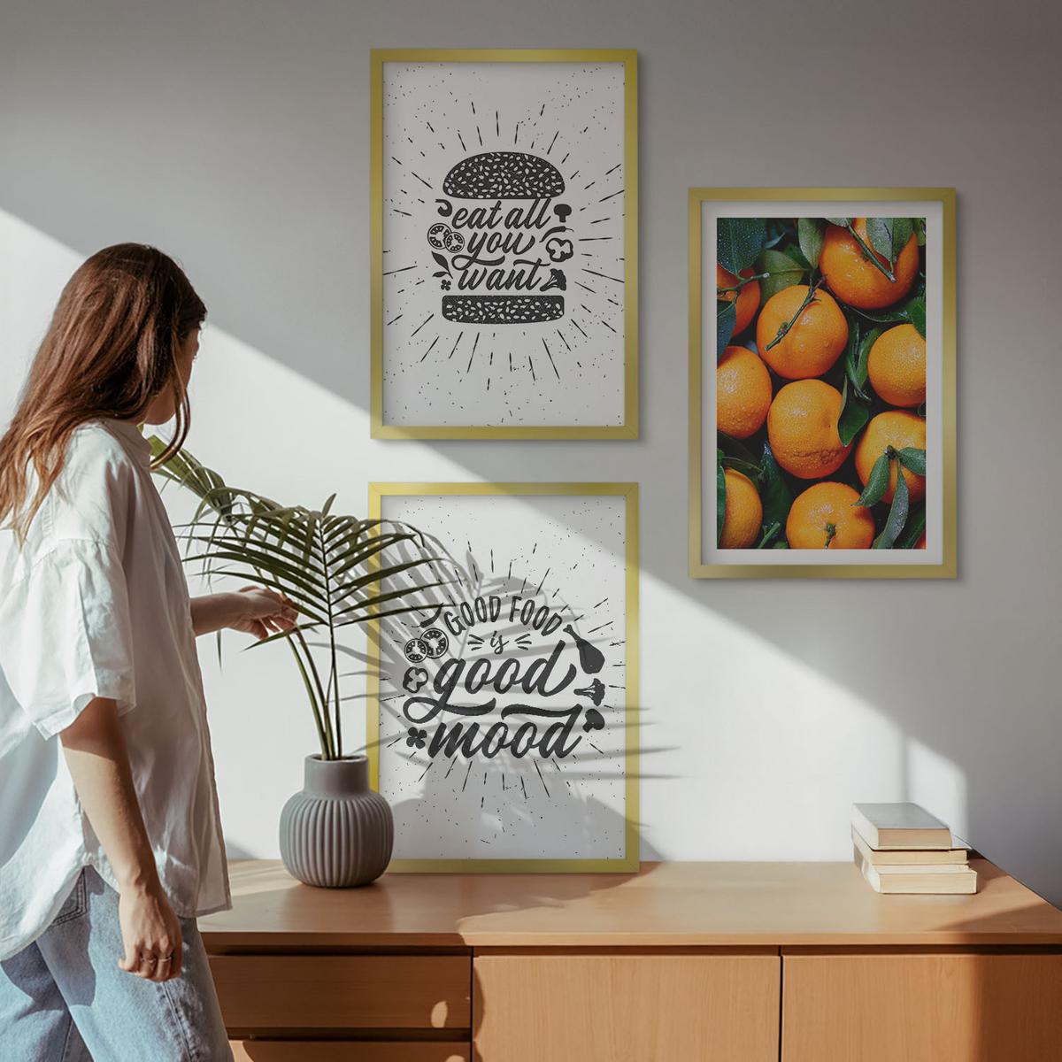 BILDER SET 3er Set - 40x60 cm Goldrahmen - Juicy Oranges Kitchen - Goldfarben, Kunststoff (40/60cm) - TULUP