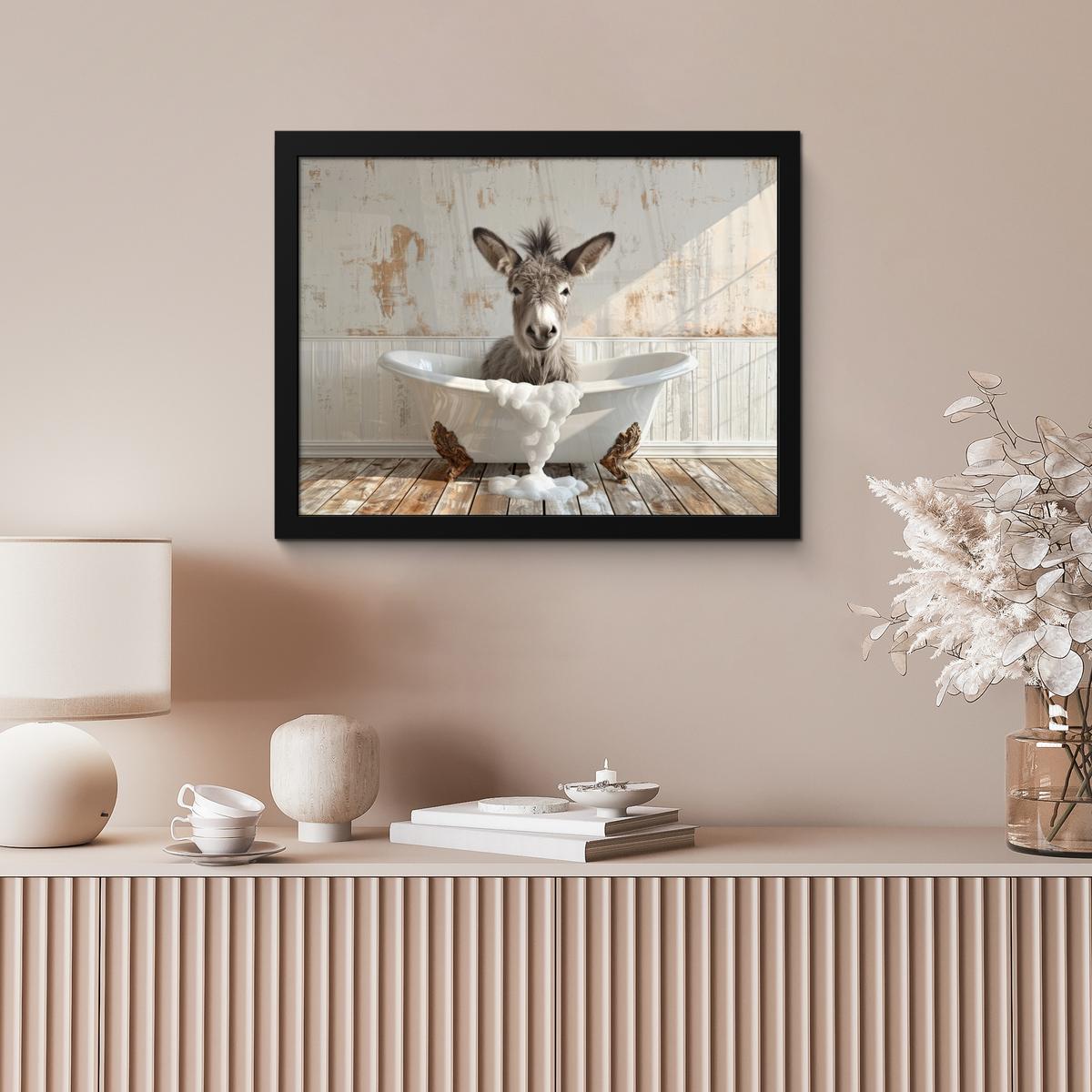 POSTER MIT RAHMENGERAHMTES BILD Esel - Tiere - Badewanne - Schaumstoff 40x30 cm - Weiß, Papier (40/30cm) - MuchoWow