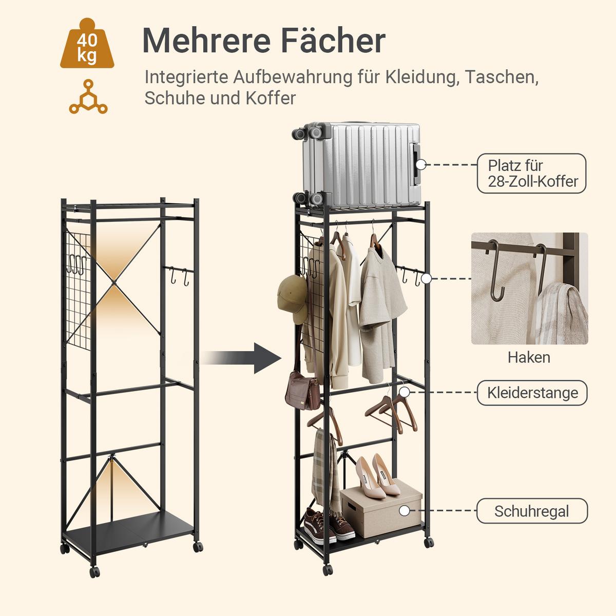 KLEIDERSTÄNDER Schmal mit Rollen, Klappbar Schwarz 60,5x32,5x175cm - Schwarz, Metall (60/175/32cm) - SoBuy