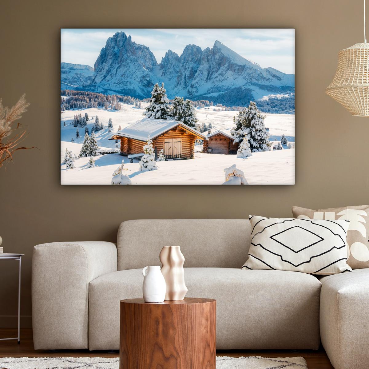 LEINWANDBILD Winter - Hütte - Berge - Aussicht - Schnee Wohnzimmer Groß 120x80 cm - Eichefarben, Textil (120/80cm) - MuchoWow