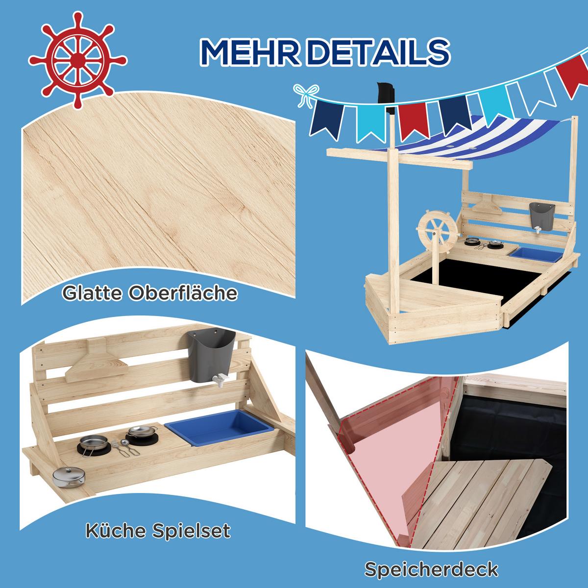 SANDKASTEN Sandkiste groß mit Abdeckung im Schiff Design Matschekiste aus Holz - Naturfarben, Holz (180/103/144.5cm) - Outsunny