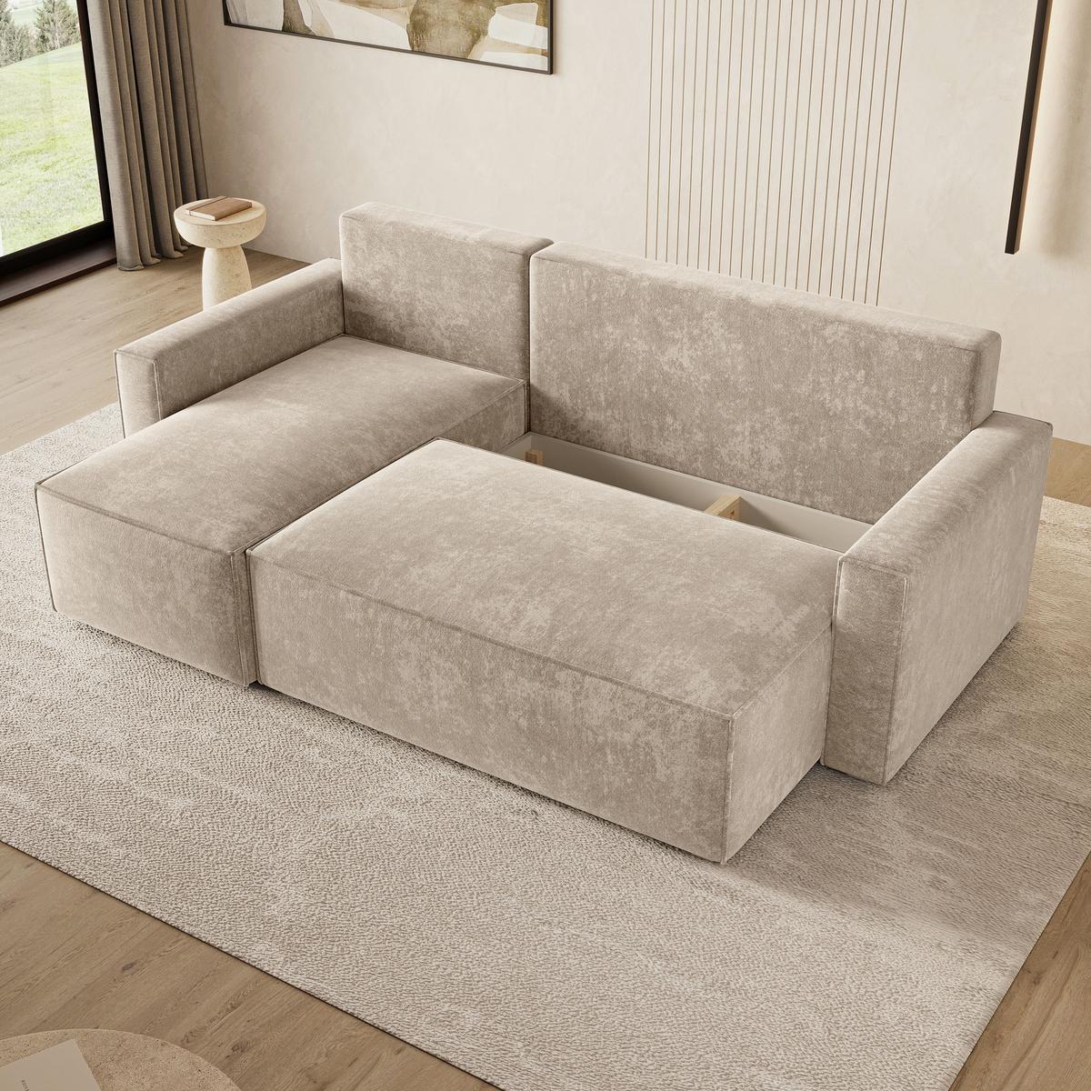 ECKSOFA POTARO LM Creme Chenille mit Schlaffunktion - Creme, Holzwerkstoff/Textil (232/140cm) - MASSENO