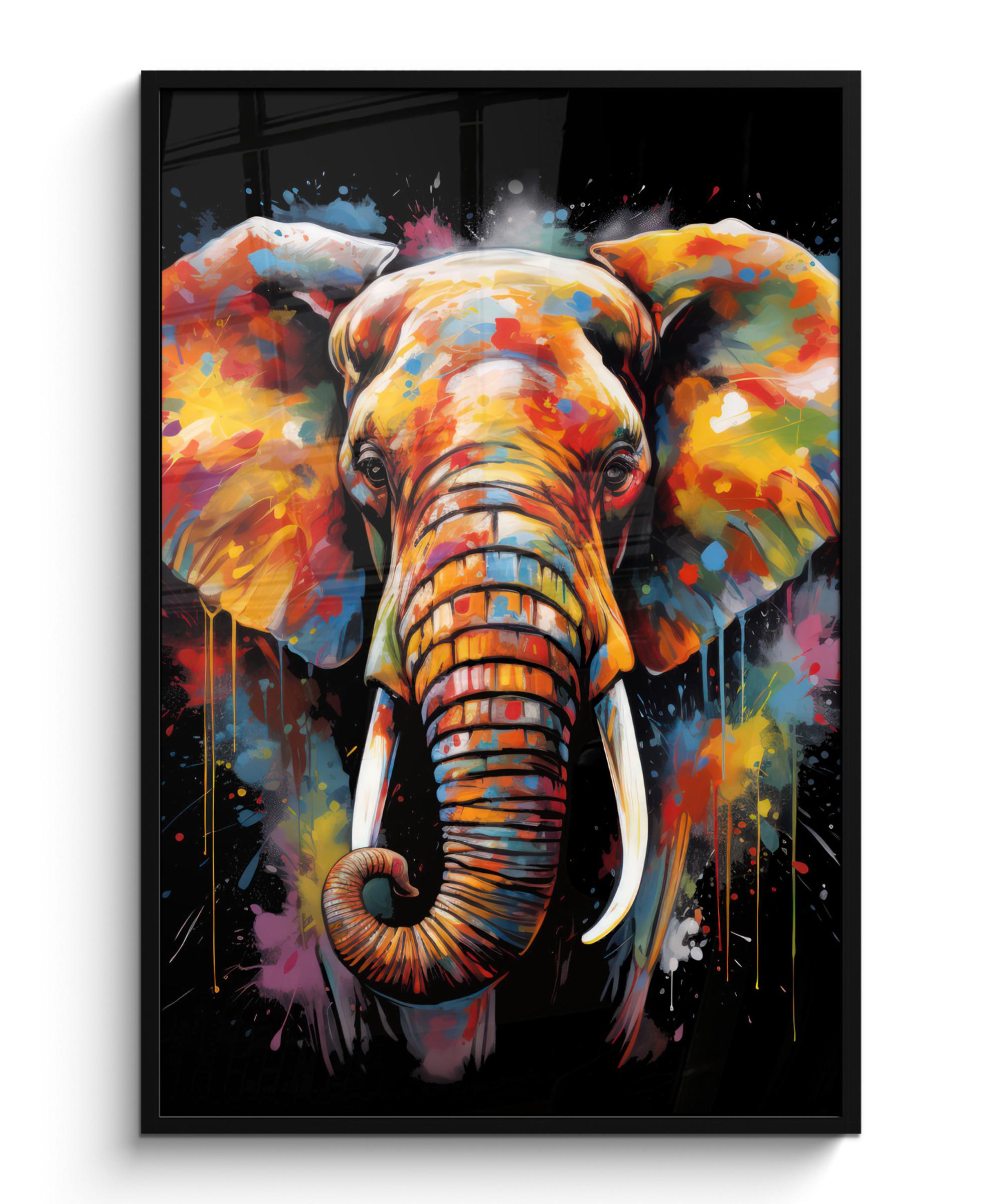 POSTER MIT RAHMEN Elefant - Graffiti - Schwarz - Tiere - Farben Bilderleiste 80x120 cm - Schwarz, Papier (80/120cm) - MuchoWow